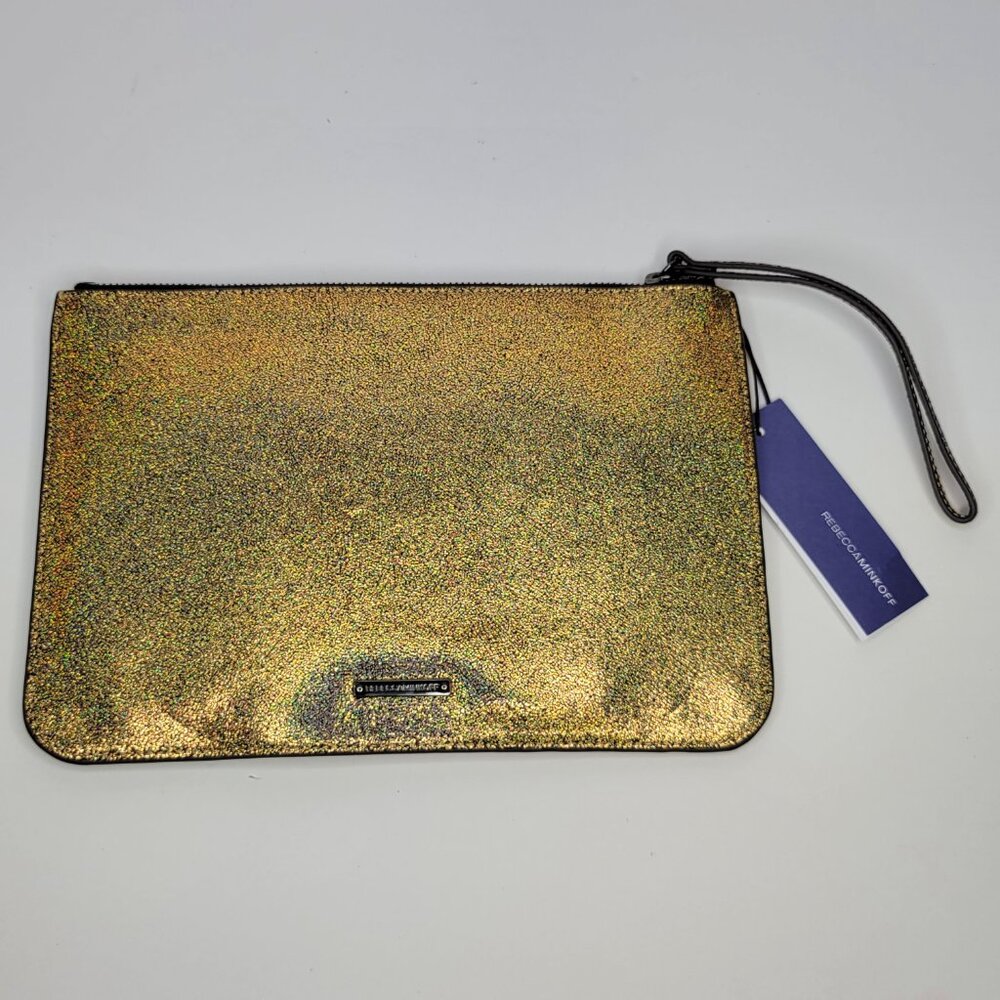 Rebecca Minkoff Clutch Gold/Iridescent Sparkle Glitter Envelope Zipper Trim NWT - Picture 4 of 11